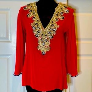 Boston proper beaded V-neck sheer red blouse, women’s size XS